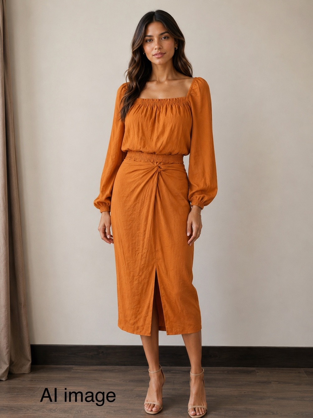 Mexx | Women's Rust Wrap Skirt & Puff Sleeve Top | M Skirt/L Top